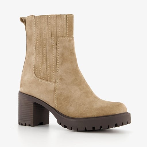 Suede dames enkellaarsjes met hak beige
