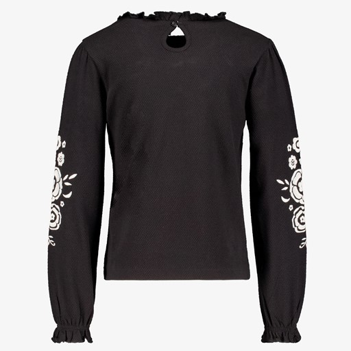 Meisjes shirt geborduurde mouwen zwart