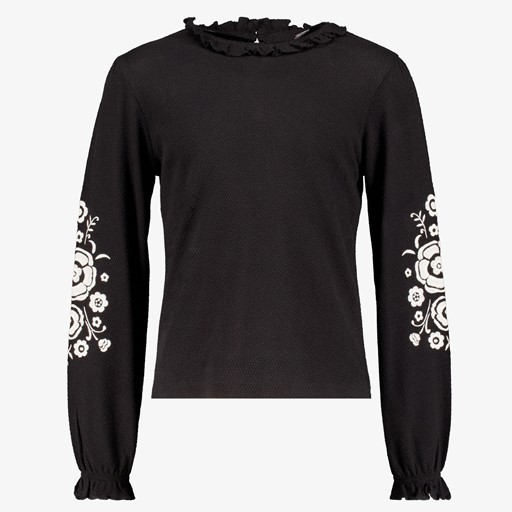 Meisjes shirt geborduurde mouwen zwart