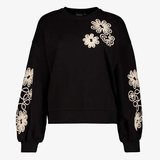 Dames sweater zwart met geborduurde bloemen