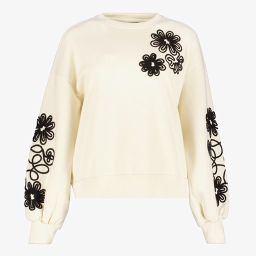 Dames sweater beige met geborduurde bloemen