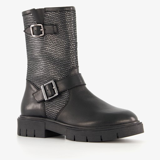 Leren meisjes biker boots zwart