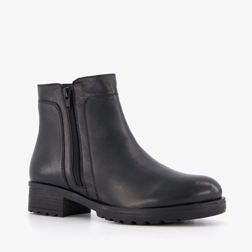 Leren dames enkellaarsjes lage hak zwart