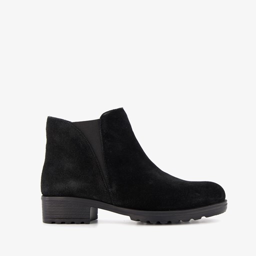 Suede dames enkellaarsjes lage hak zwart