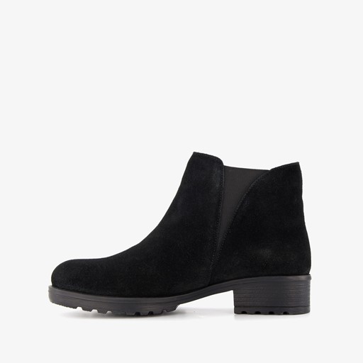 Suede dames enkellaarsjes lage hak zwart