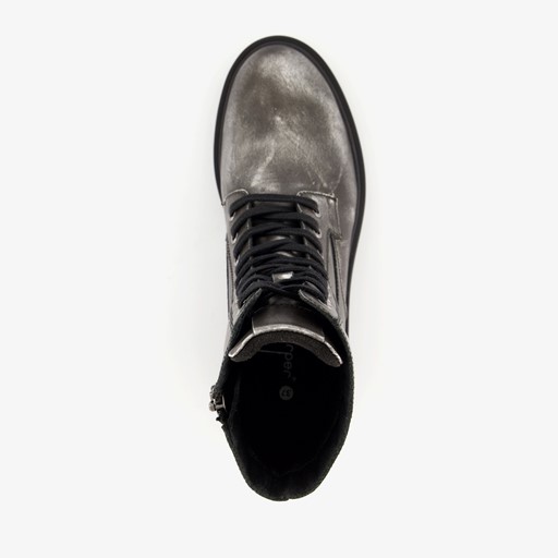 Leren dames veterboots metallic zilver