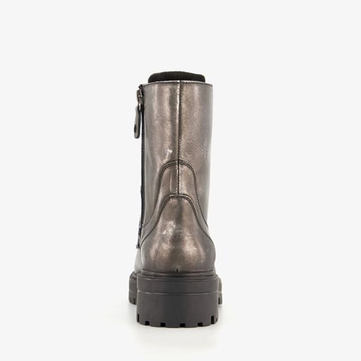 Leren dames veterboots metallic zilver