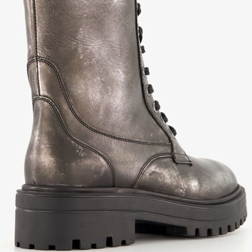 Leren dames veterboots metallic zilver