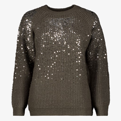 Gebreide dames trui met pailletten grijs