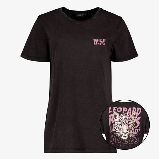 Dames T-shirt acid wash zwart met backprint