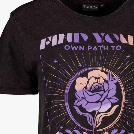 Dames T-shirt acid wash zwart met roos