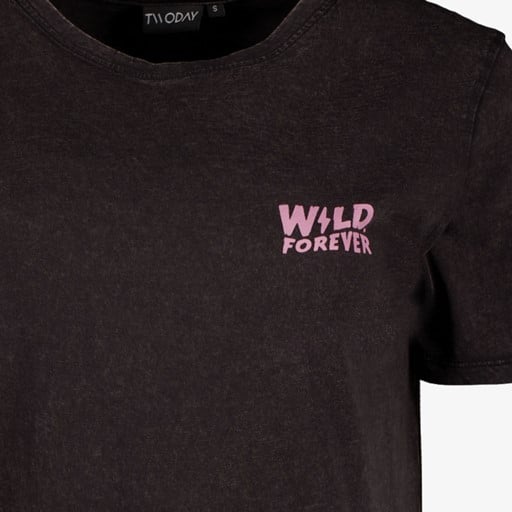 Dames T-shirt acid wash zwart met backprint