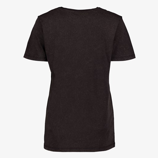 Dames T-shirt acid wash zwart met roos