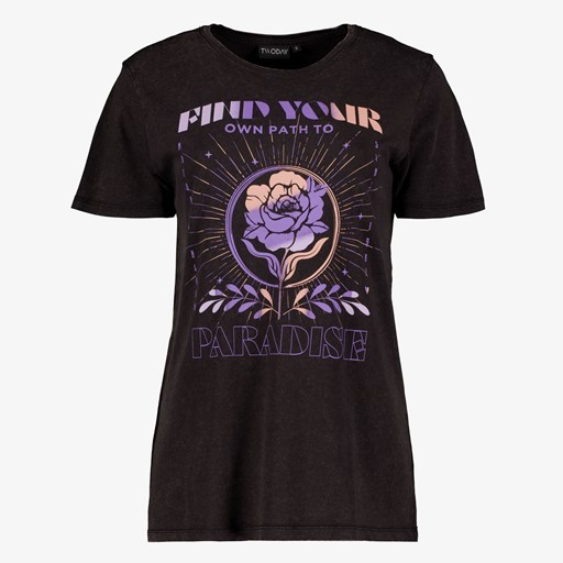 Dames T-shirt acid wash zwart met roos