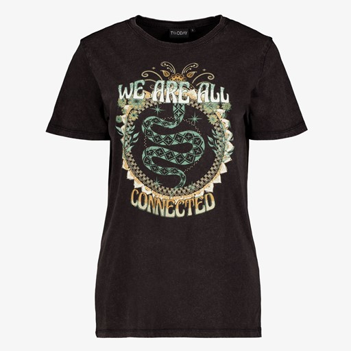 Dames T-shirt acid wash zwart met print