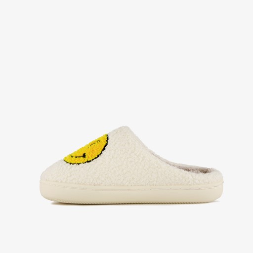 Dames teddy pantoffels met smiley wit
