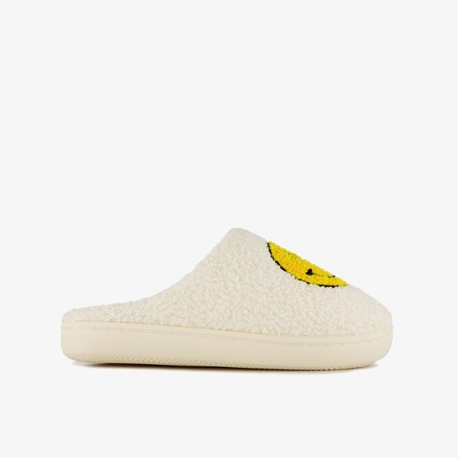Dames teddy pantoffels met smiley wit