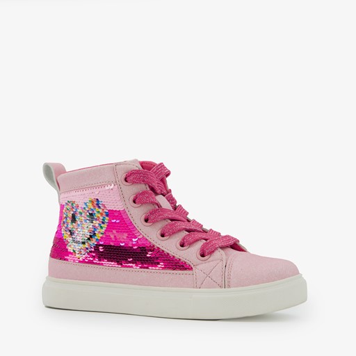 Hoge meisjes sneakers roze met pailletten