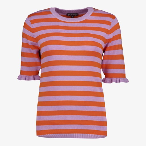 Dames trui gestreept oranje/paars