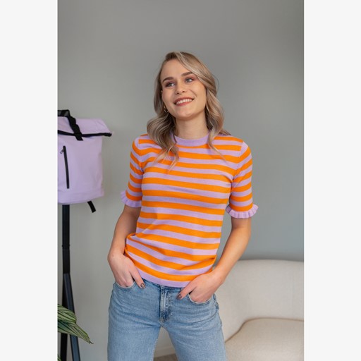 Dames trui gestreept oranje/paars