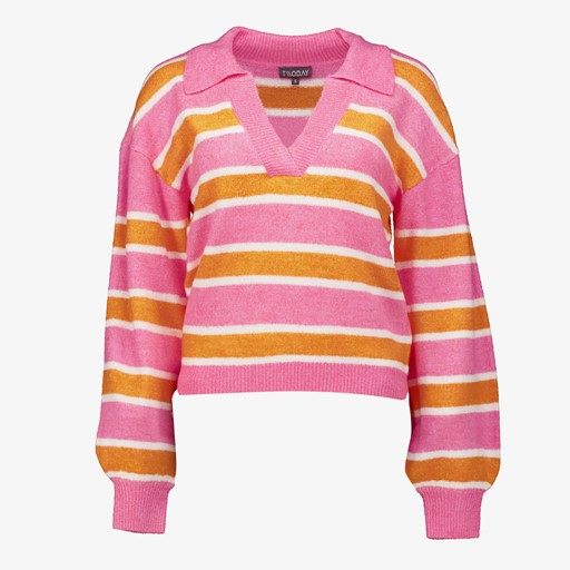 Dames trui gestreept roze/oranje