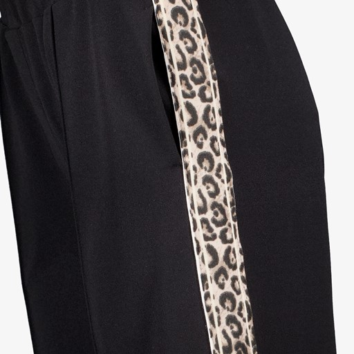 Wide leg broek met bies en luipaard zwart