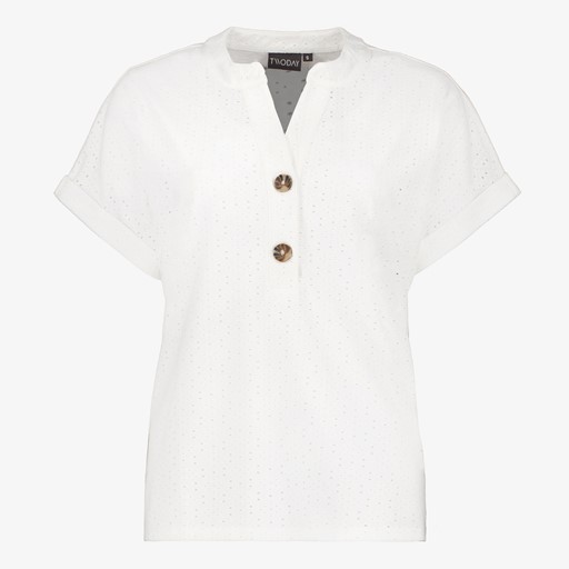 Dames embroderie T-shirt met knopen wit