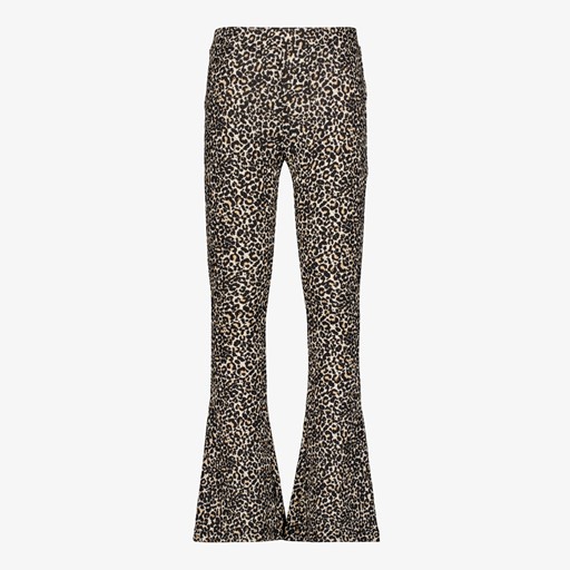 Flared meisjes broek met panterprint beige