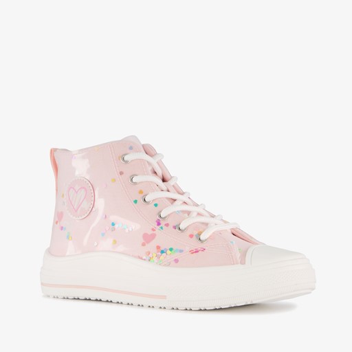 Hoge meisjes sneakers roze met hartjes
