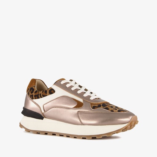 Leren dames sneakers met panterprint goud