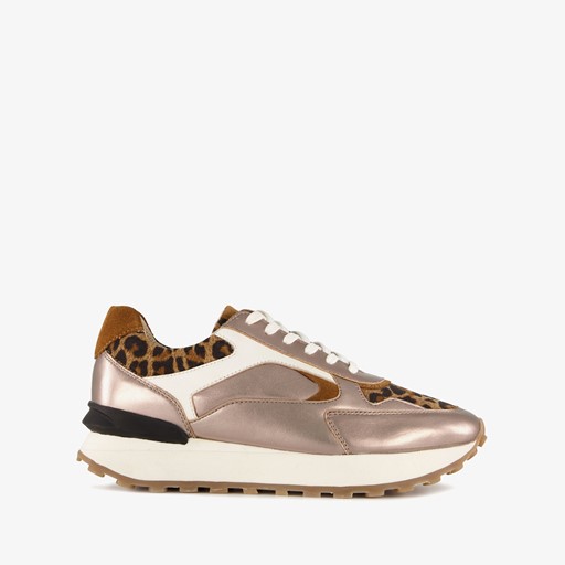 Leren dames sneakers met panterprint goud