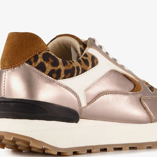 Leren dames sneakers met panterprint goud