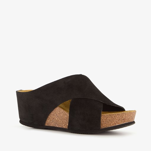Suede dames slippers sleehak zwart