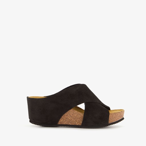 Suede dames slippers sleehak zwart