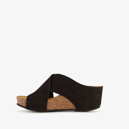 Suede dames slippers sleehak zwart