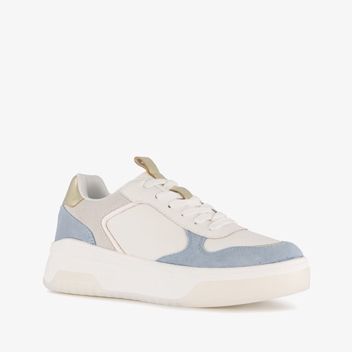 Leren dames sneakers wit blauw