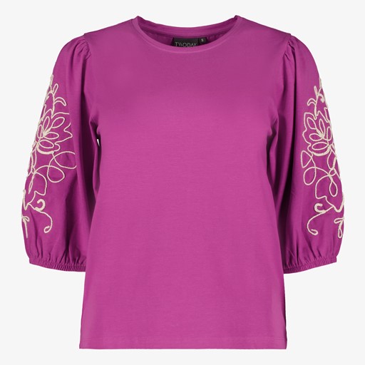Dames top met geborduude mouwen paars