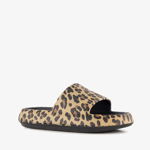 Dames badslippers met panterprint bruin