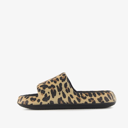 Dames badslippers met panterprint bruin