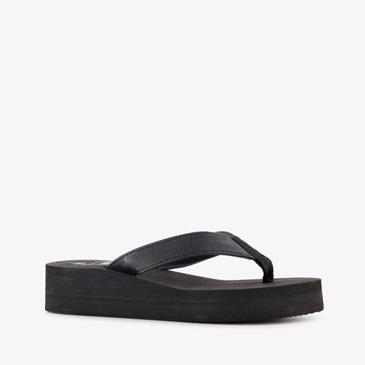 Dames teenslippers met sleehak zwart