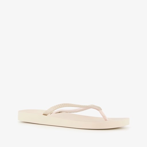 Dames teenslippers beige met steentjes