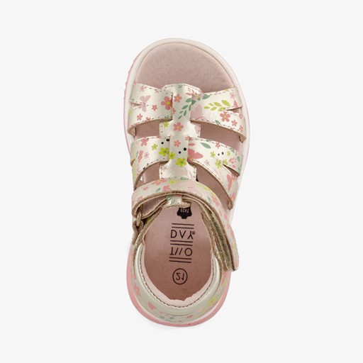 Leren meisjes sandalen met bloemen goud