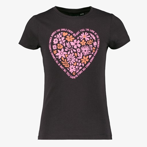 Meisjes T-shirt met bloemetjes hart zwart