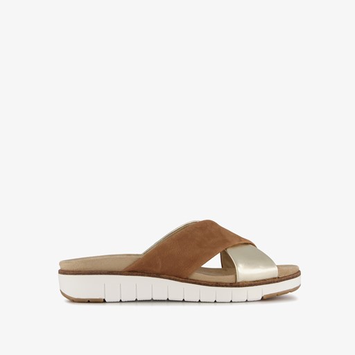 Leren dames slippers bruin goud