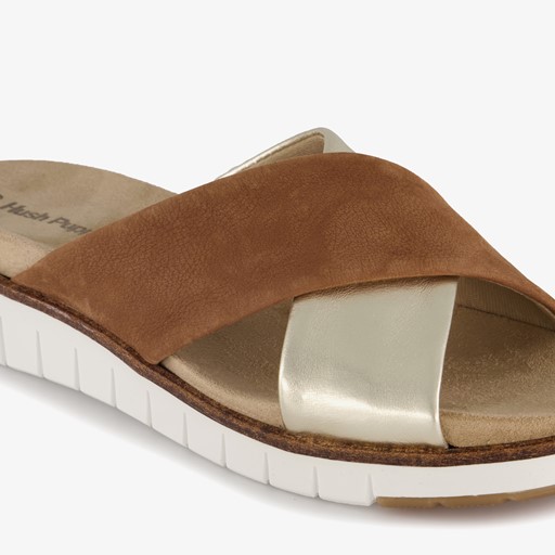 Leren dames slippers bruin goud