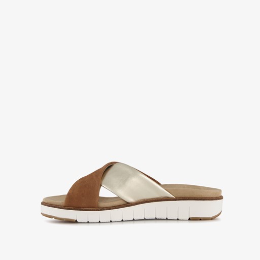 Leren dames slippers bruin goud