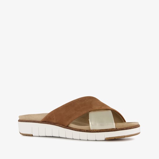 Leren dames slippers bruin goud