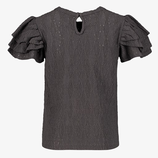 Meisjes broderie shirt met pofmouwen grijs