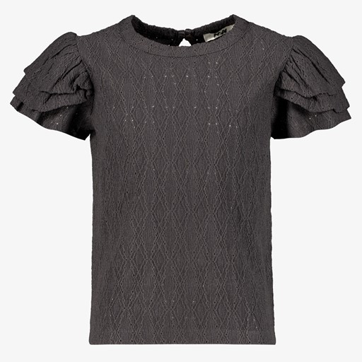 Meisjes broderie shirt met pofmouwen grijs