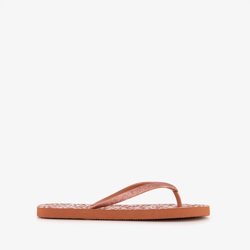 Dames slippers met print en glitters bruin